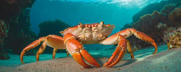 Majestic Crab King of the Coral Reef.  A powerful red crab stands tall on the sandy ocean floor, sunbeams filtering through the water to illuminate its impressive form. 