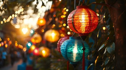 Obraz premium Colorful lanterns hanging from a tree at dusk.