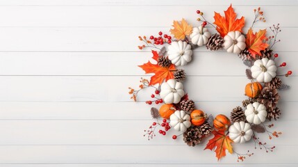 Fall wreath with pumpkins, leaves, and berries on a white wooden background, perfect for autumn seasonal decorations.
