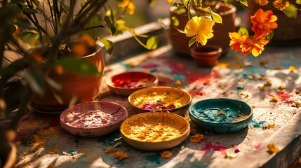 Fototapeta premium Colorful paint bowls on table with flowers.