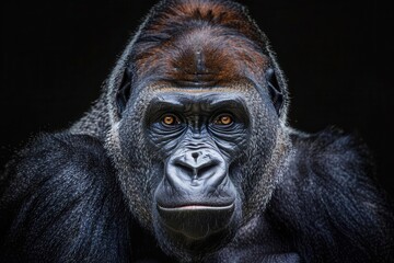 majestic silverback gorilla portrait with piercing eyes and textured fur set against a dramatic black background for maximum contrast and impact