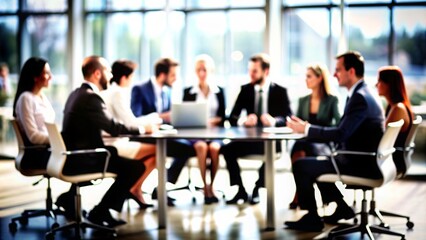 Obraz premium Business Team Meeting Blur: A blurred meeting room with a business team discussing strategies, suitable for teamwork and collaboration themes. 