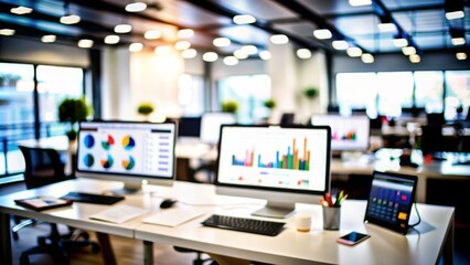 Naklejka premium Digital Marketing Strategy Blur: A blurred digital marketing office setup with screens and analytics data, great for online marketing themes. 
