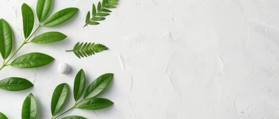 Flat lay of lush green leaves arranged on a white textured background, ideal for nature-themed projects, minimalistic designs, or eco-friendly concepts.