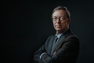 Obraz premium Man in Suit and Tie Standing With Arms Crossed