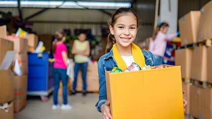 Cheerful young girl volunteering with a box of canned food donations at a busy donation center