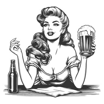pin-up style woman holding a beer mug with froth, seated at a bar with a bottle sketch engraving generative ai fictional character vector illustration. Scratch board imitation. Black and white image.