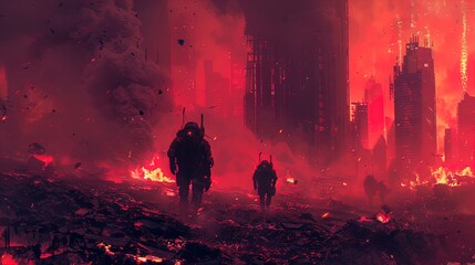 Futuristic soldiers walking through a burning, dystopian cityscape with smoke and fire. Post-apocalyptic and military science fiction photography for design and print. Conflict and survival concept.