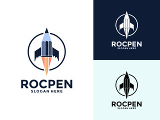 Pen Rocket logo vector template, creative combination speeding rocket with a pen