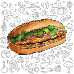 illustration doodle of Healthy Sandwich: Combination of Eggs and Fresh Vegetables