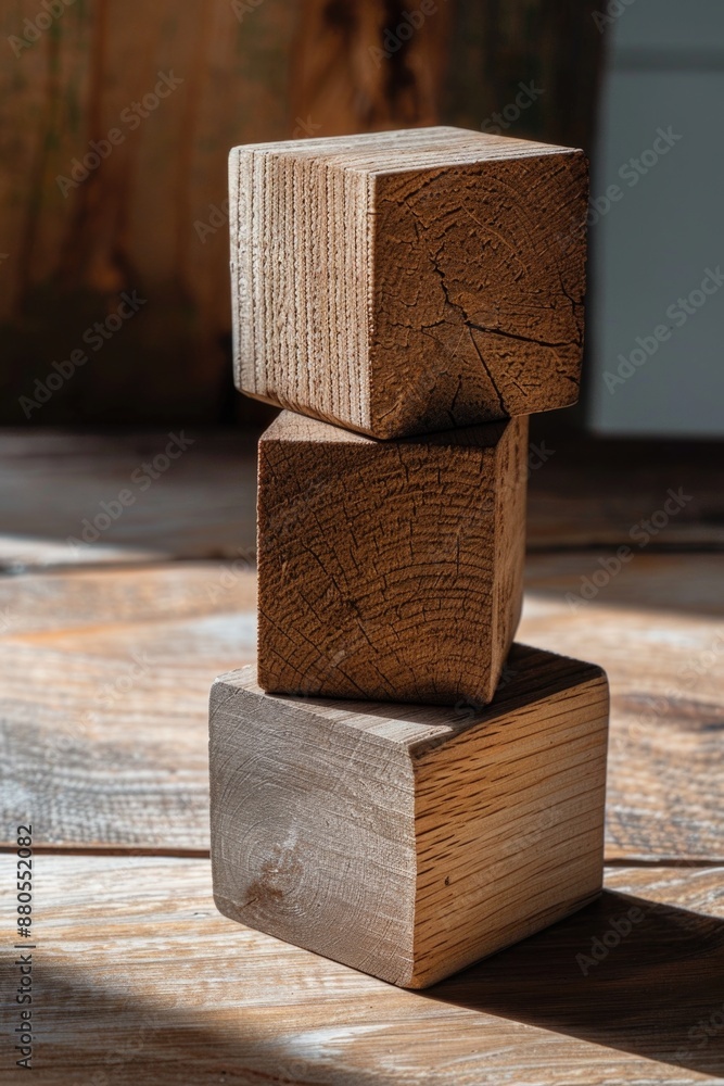 Poster a close-up view of stacked wooden blocks resting on a wooden floor