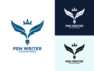 Pen Writer with Feather Wings and Crown logo design, Feather quill pen author logo design template