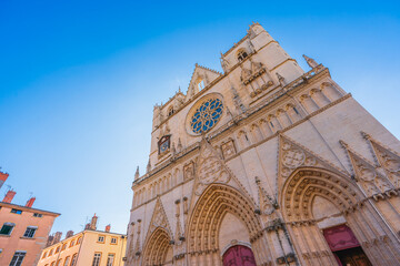 Low Angle View of the Cathedral, Gothic Building in Vieux Lyon, France 