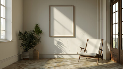 Minimalist Interior Design with Empty Frame and Wooden Chair