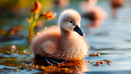 Baby swan chick on the lake, close up