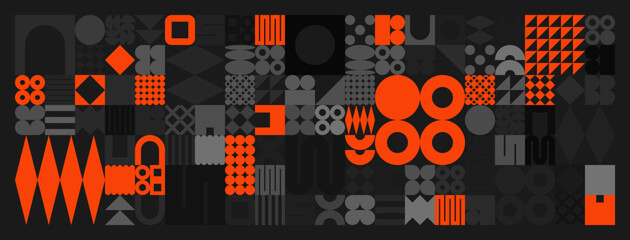 Brutalist geometric shapes, gray and orange symbols. Simple primitive elements and forms. Retro design, trendy contemporary minimalist style. Vector illustration