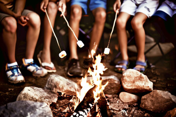 A group of friends roasting marshmallows over a campfire