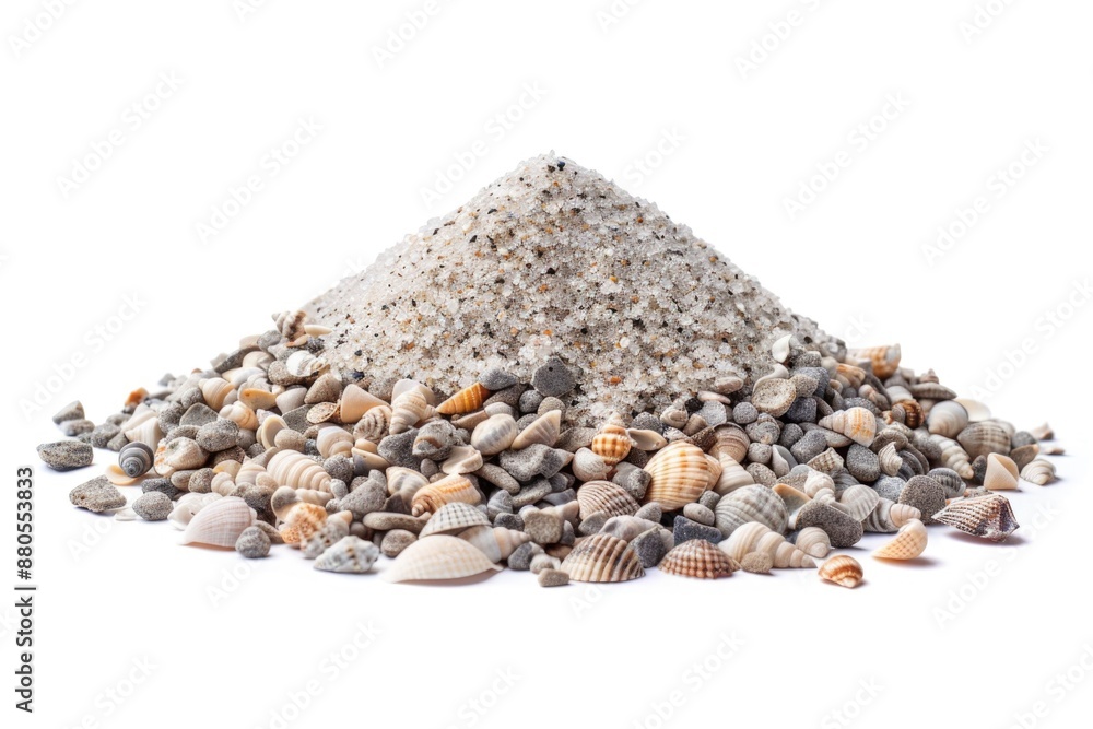 Poster a collection of variously shaped and colored sea shells arranged on a white background