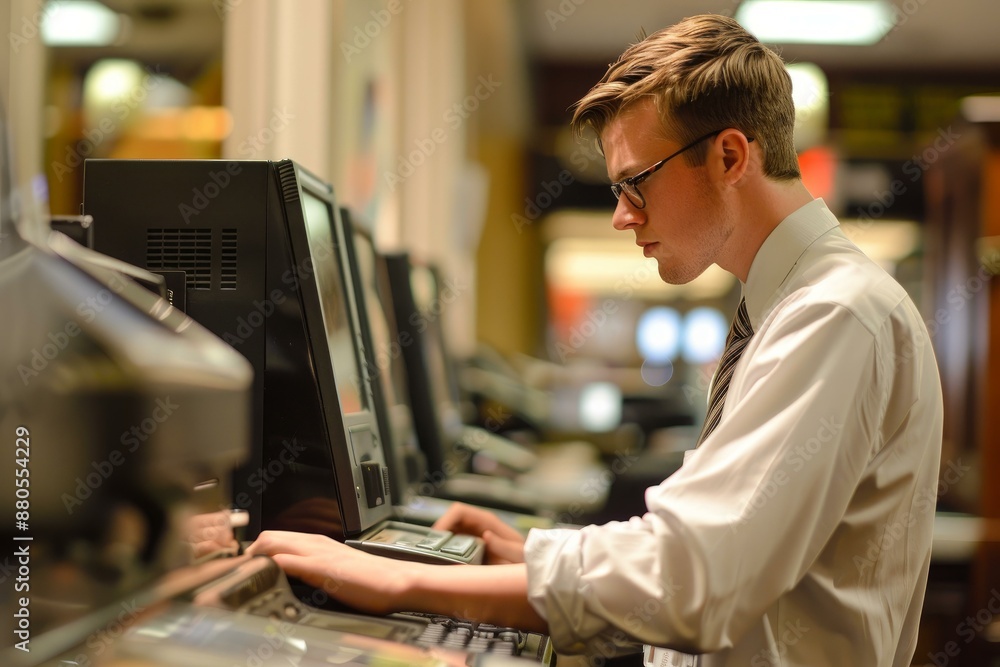 Poster young businessman is concentrating while working on a computer at a library
