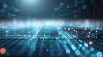 Futuristic digital landscape with glowing neon elements and data streams, representing advanced technology and cyber environments.