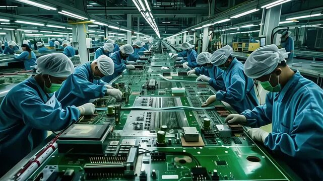 A workers in protective suits assembling electronic components on a factory floor, the intricate and clean environment of electronics manufacturing