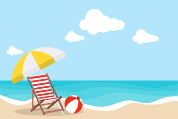 Sea holiday logo. Seaside holiday concept with sun lounger, beach umbrella and beach ball. Vector, cartoon illustration. Vector.