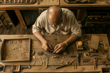 Jeweler at work in their studio, with magnifying glasses and precision tools laid out on a workbench as they meticulously craft a delicate pendant or intricate bracelet by hand