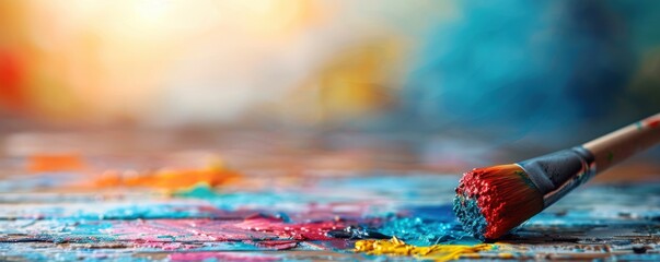 Fototapeta premium Colorful paintbrush on canvas with vibrant paint splashes in creative studio setting. Artistic tools and materials for painting and creativity.