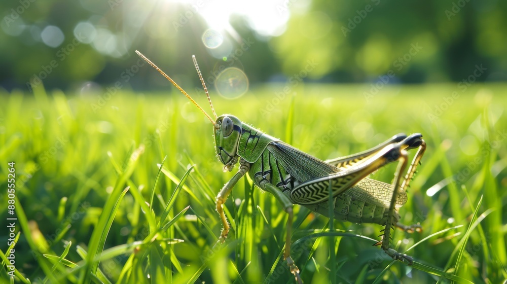 Poster a grasshopper sitting on a blade of grass in a sunny field.