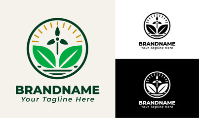 Green Energy Minimalist Logo Design with Leaf and Wind Turbine