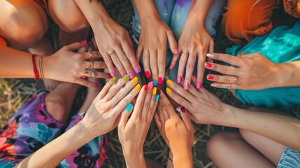 Fototapeta premium A group of friends comparing their colorful manicures in an outdoor setting.