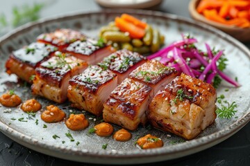 A serving of podsherevok, a roasted pork belly dish, sliced and served with mustard and pickled vegetables. 