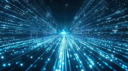 A futuristic digital matrix of glowing blue lines and dots.
