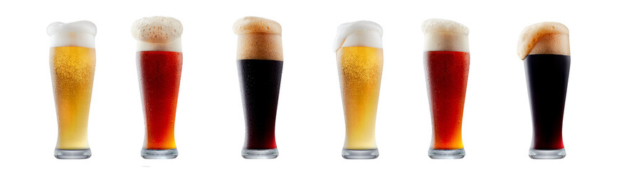 Set of beer cocktails with foam isolated on white background