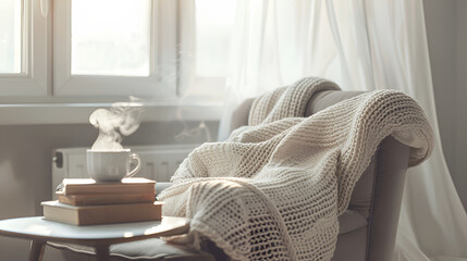 Serene Morning with Coffee, Books, and Cozy Blanket by the Window