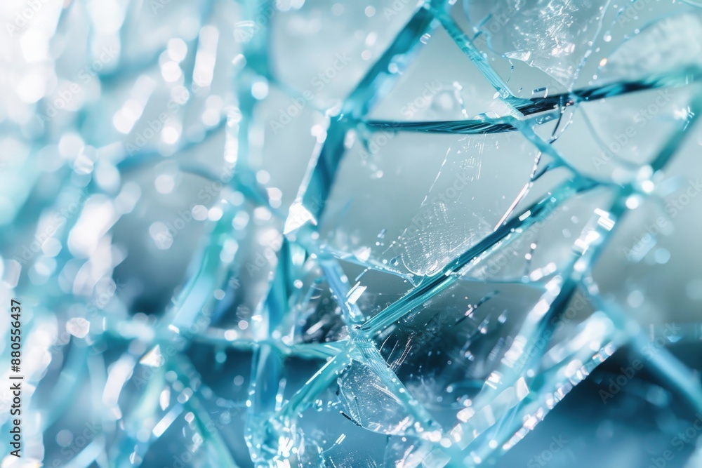 Poster a close-up view of a broken glass window with cracks and fissures