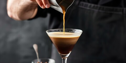 Skilled barista pours espresso into martini glass creating perfect coffee cocktail. Concept Coffee Cocktails, Martini Glass, Skilled Barista, Espresso Pouring