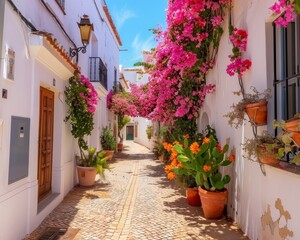Fototapeta premium Whitewashed mediterranean houses with vibrant pink bougainvillea in picturesque alleyway setting