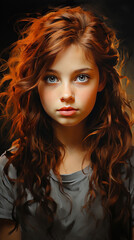 Fototapeta premium A Gorgeous Young Brown Haired Women Portrait With Minimalistic Brush Painting On Canvas