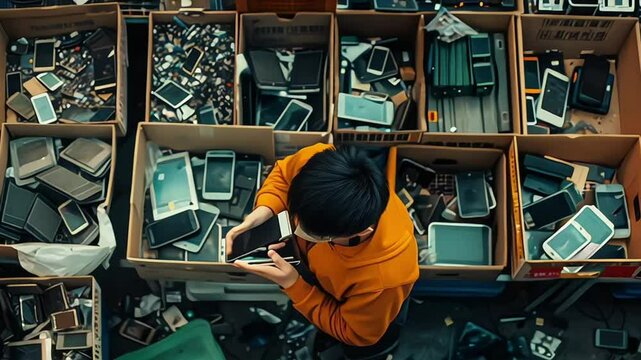 Workers sorting and processing electronic waste at a recycling facility equipped with advanced separation and recycling technologies