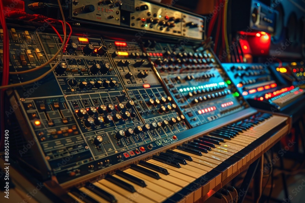 Poster professional audio synthesizer with keyboard keys is waiting for a sound producer in a recording stu