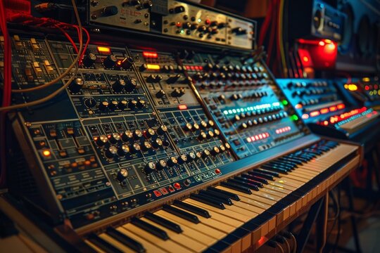 Professional audio synthesizer with keyboard keys is waiting for a sound producer in a recording studio