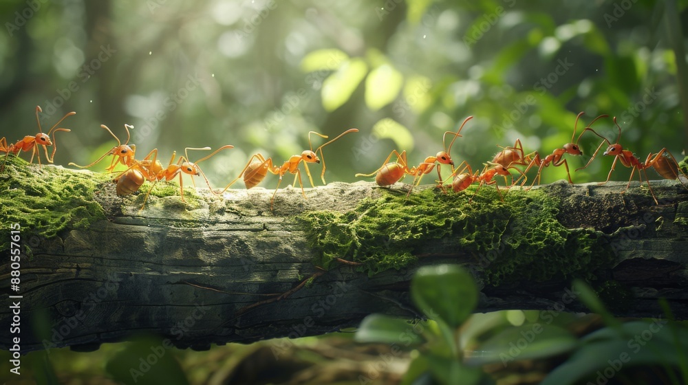 Poster A line of ants marching across a tree branch in a forest setting.