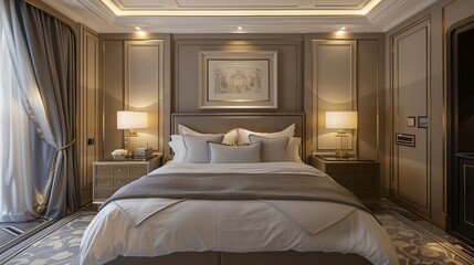 A luxurious bedroom with matching bedside lamps and elegant decor.