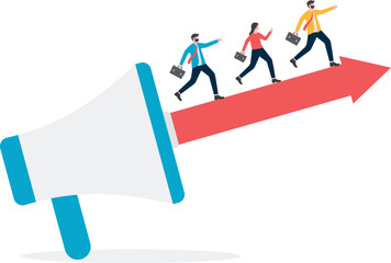 Businessman runs on the arrow from the megaphone. business concept, vector illustration

