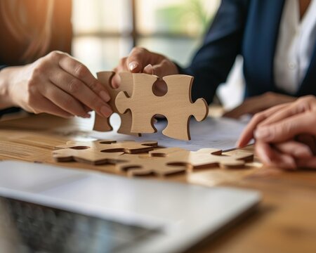 Professional team collaboration with wooden puzzle pieces at desk, canon r5 dslr style