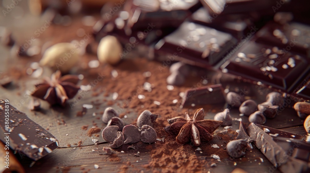 Poster A close-up shot of a chocolate bar placed on a table, ideal for use in food or product photography