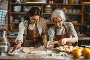 Make cookies at home. The friendly old Latina mother and daughter-in-law wore kitchen aprons, kneaded dough at the table, chatted together and enjoyed cooking. A caring adult child helps an elderly mo