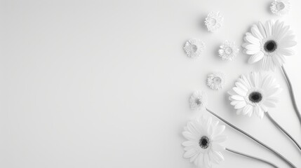 Fototapeta premium Minimalist white floral background with daisies on a light gray surface. Perfect for presentations, invitations, and design projects.