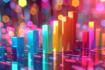 Vibrant bar graph depicting business data growth on abstract 3d render with bokeh effect